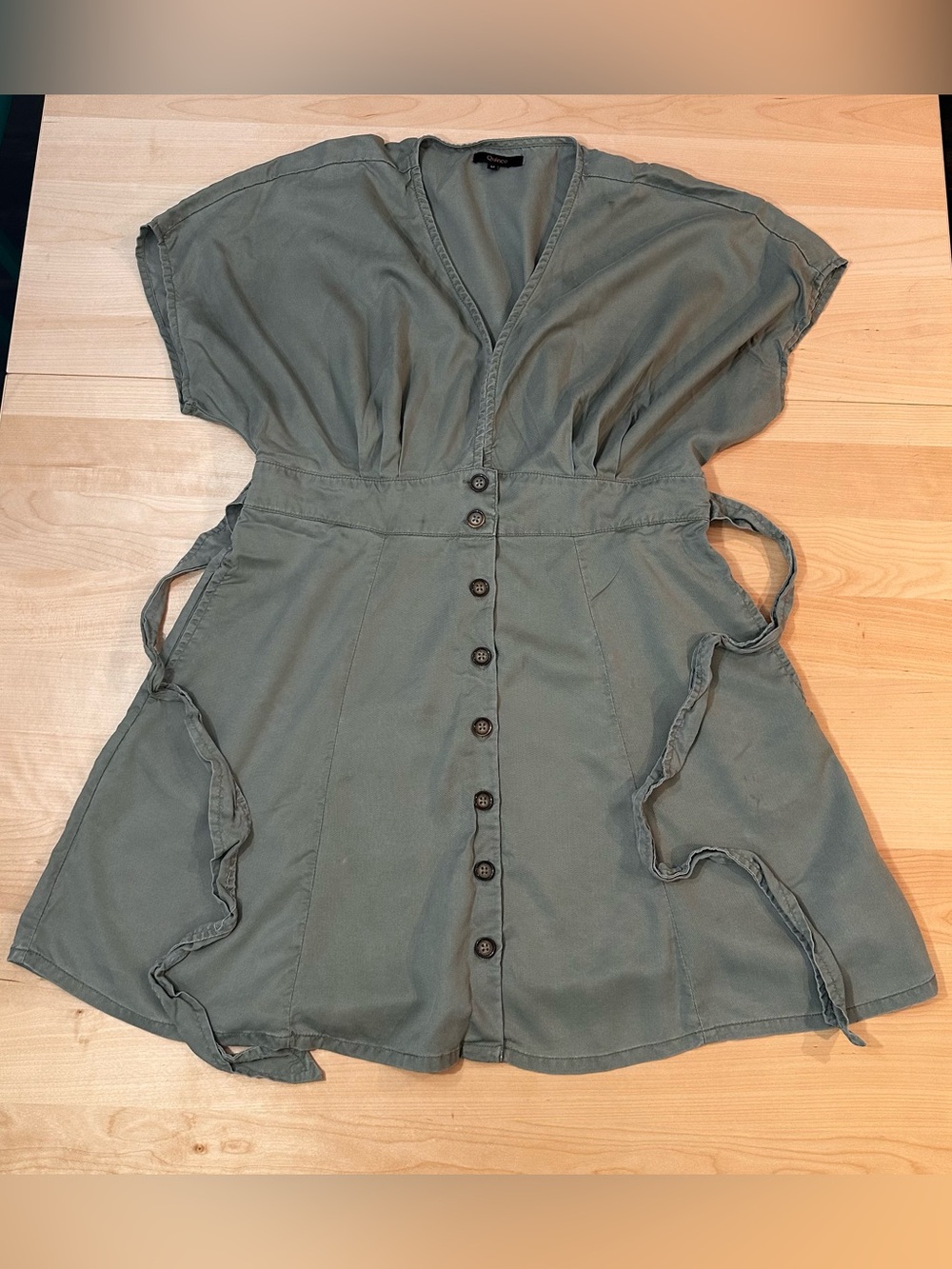 Quince Vintage Wash Tencel Button Front Dress with Tie Waist size M Olive Green